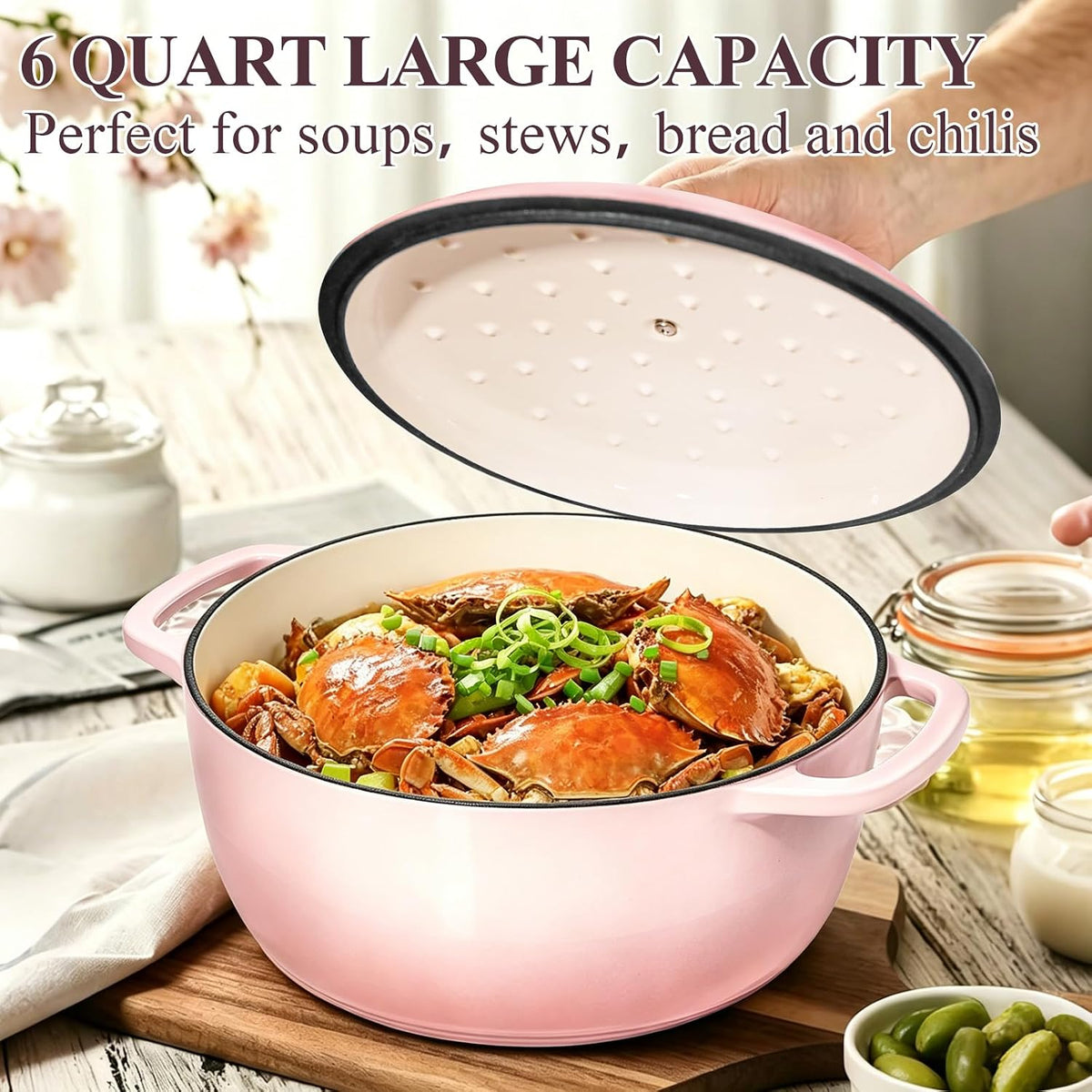 6QT Enameled Cast Iron Dutch Oven Pot with Lid, Heavy-Duty Cookware for Bread Baking, Braising, Stews, Roasting, Wedding Registry Ideas & Gifts, Pink
