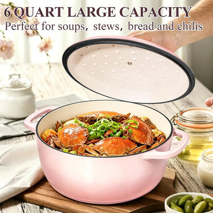 6QT Enameled Cast Iron Dutch Oven Pot with Lid, Heavy-Duty Cookware for Bread Baking, Braising, Stews, Roasting, Wedding Registry Ideas & Gifts, Pink