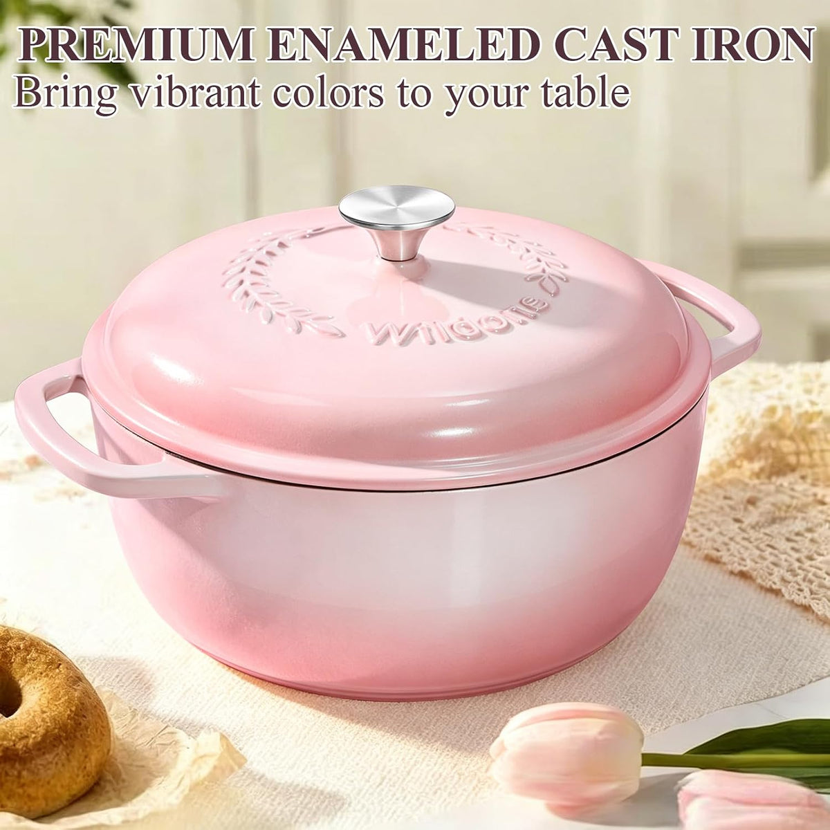 6QT Enameled Cast Iron Dutch Oven Pot with Lid, Heavy-Duty Cookware for Bread Baking, Braising, Stews, Roasting, Wedding Registry Ideas & Gifts, Pink