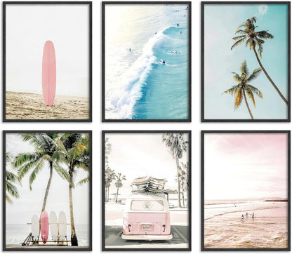 Pink Coastal Wall Art Canvas Poster Prints Set of 6