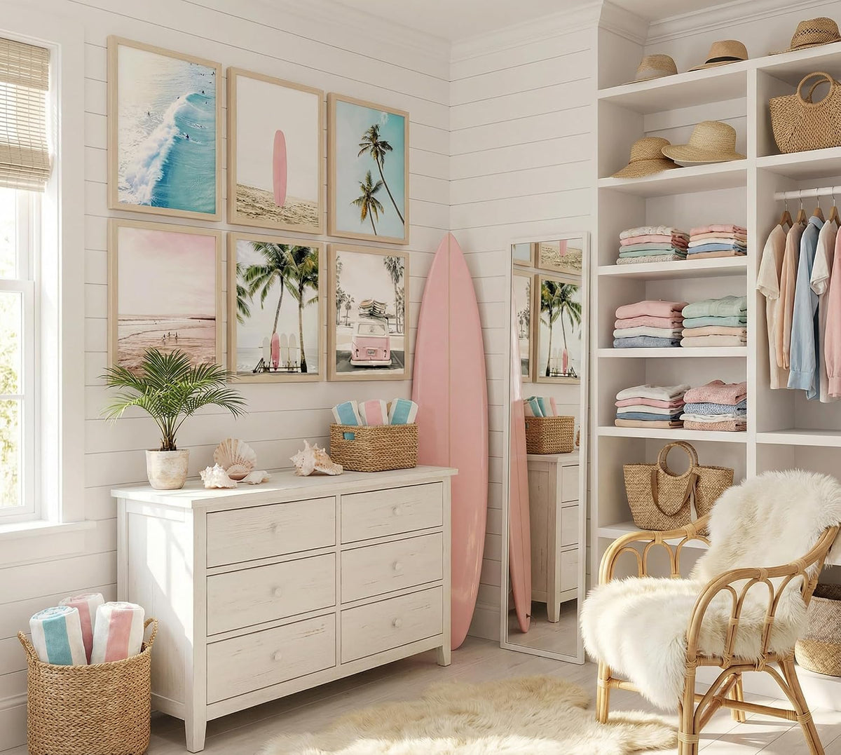 Pink Coastal Wall Art Canvas Poster Prints Set of 6