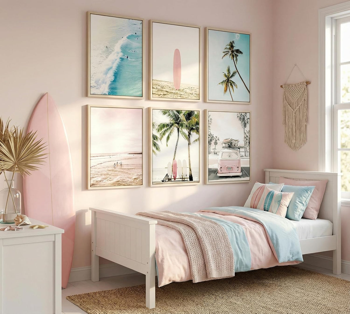 Pink Coastal Wall Art Canvas Poster Prints Set of 6