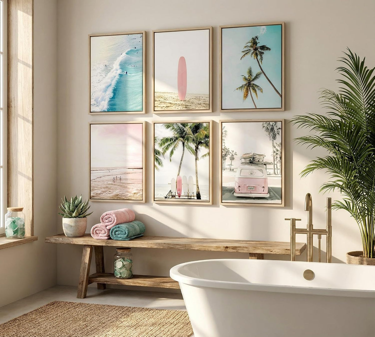 Pink Coastal Wall Art Canvas Poster Prints Set of 6