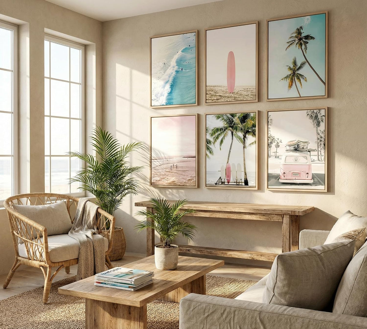 Pink Coastal Wall Art Canvas Poster Prints Set of 6
