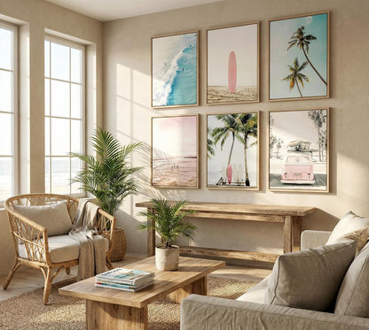 Pink Coastal Wall Art Canvas Poster Prints Set of 6
