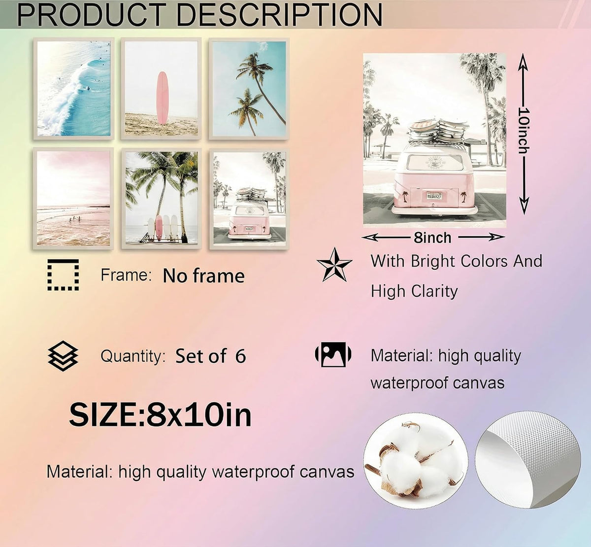 Pink Coastal Wall Art Canvas Poster Prints Set of 6