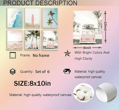 Pink Coastal Wall Art Canvas Poster Prints Set of 6