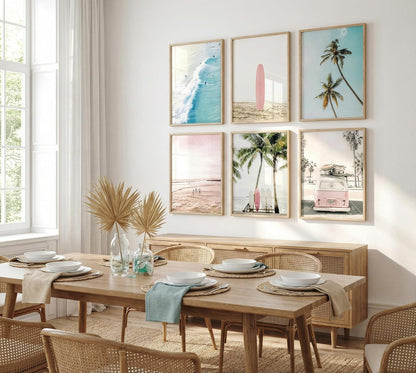 Pink Coastal Wall Art Canvas Poster Prints Set of 6