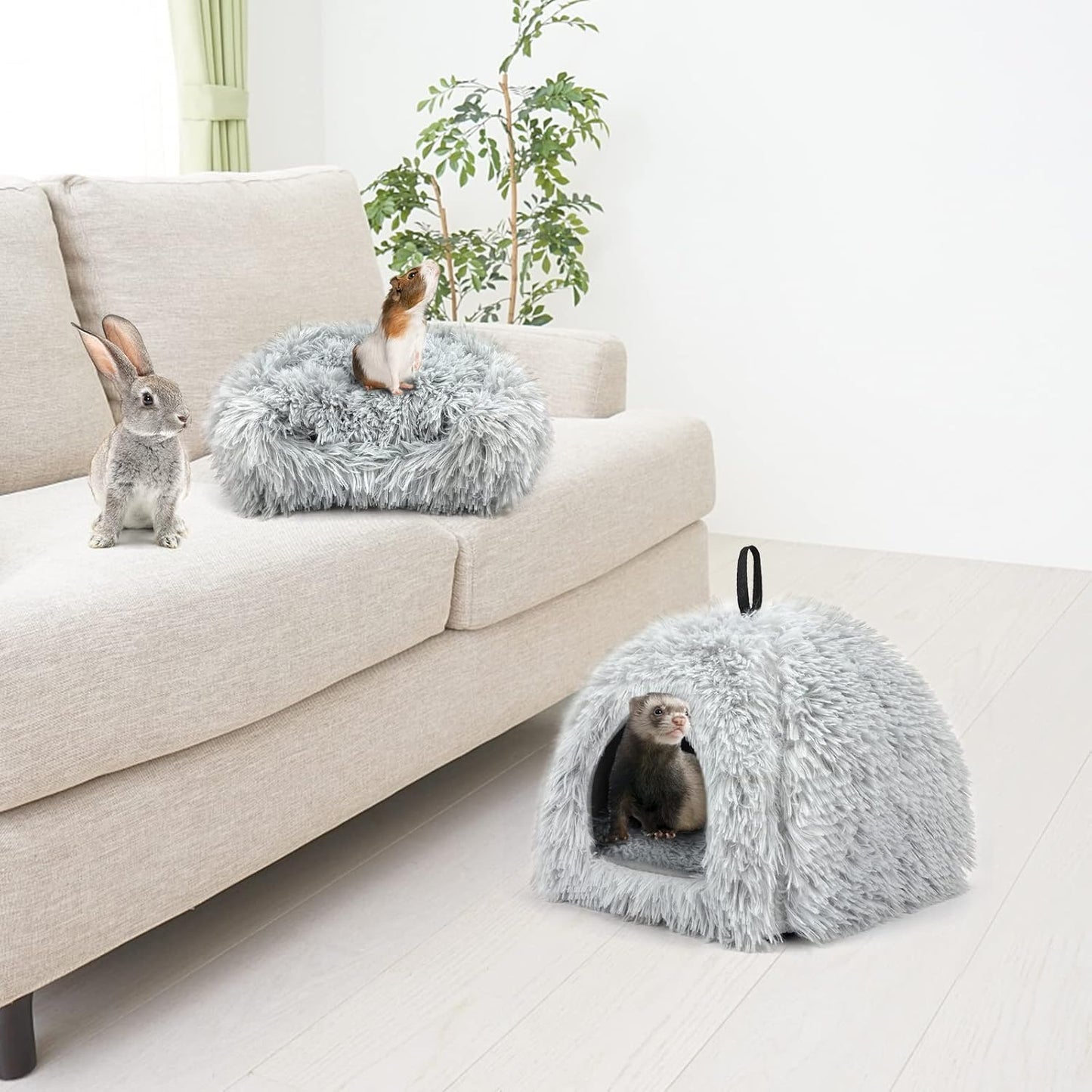 YUEPET Rabbit Bed Warm House and Hideout, Calming Grey Bunny Cave Bed for Rabbit Ferrets Guinea Pigs Hamsters and Other Small Animals（Grey）