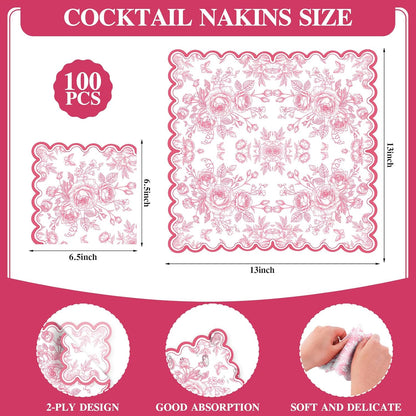 50 Pcs Pink Floral Napkins, Pink and White Toile Disposable Paper Napkins Flower Bouquet Disposable Napkin for Bridal Baby Shower, Wedding, Tea Party