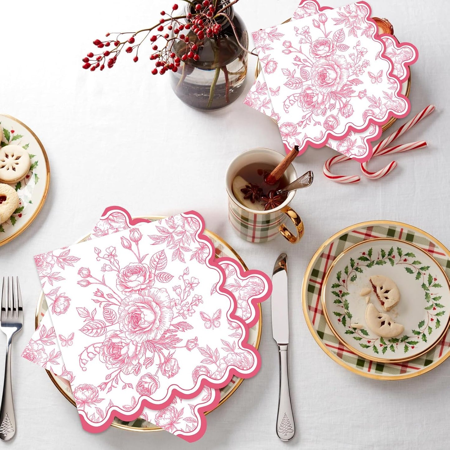 50 Pcs Pink Floral Napkins, Pink and White Toile Disposable Paper Napkins Flower Bouquet Disposable Napkin for Bridal Baby Shower, Wedding, Tea Party