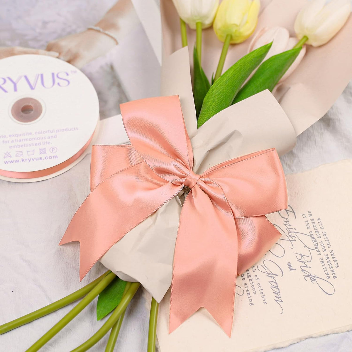 Peach Satin Ribbon, Double Faced 2 Inch X 25 Yards Peach Ribbon, Premium Satin Ribbons for Gift Wrapping, Crafts, Hair Bow Making, Sewing, Flower Bouquet, Wedding Party Decor