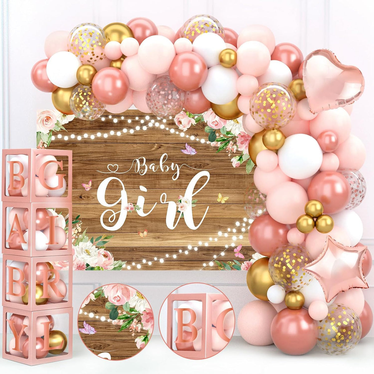 Baby Shower Decorations for Girl - Rose Gold Retro Blush Pink Balloon Arch Garland Kit Baby Boxes Backdrop for Butterfly Baby Shower Decor Girl Birthday Party Supplies