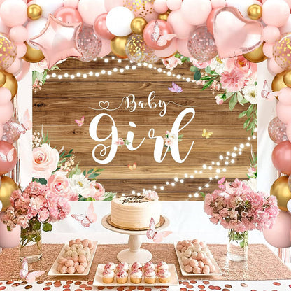 Baby Shower Decorations for Girl - Rose Gold Retro Blush Pink Balloon Arch Garland Kit Baby Boxes Backdrop for Butterfly Baby Shower Decor Girl Birthday Party Supplies