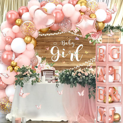 Baby Shower Decorations for Girl - Rose Gold Retro Blush Pink Balloon Arch Garland Kit Baby Boxes Backdrop for Butterfly Baby Shower Decor Girl Birthday Party Supplies