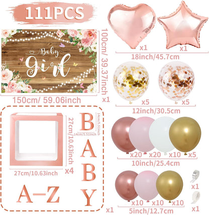 Baby Shower Decorations for Girl - Rose Gold Retro Blush Pink Balloon Arch Garland Kit Baby Boxes Backdrop for Butterfly Baby Shower Decor Girl Birthday Party Supplies