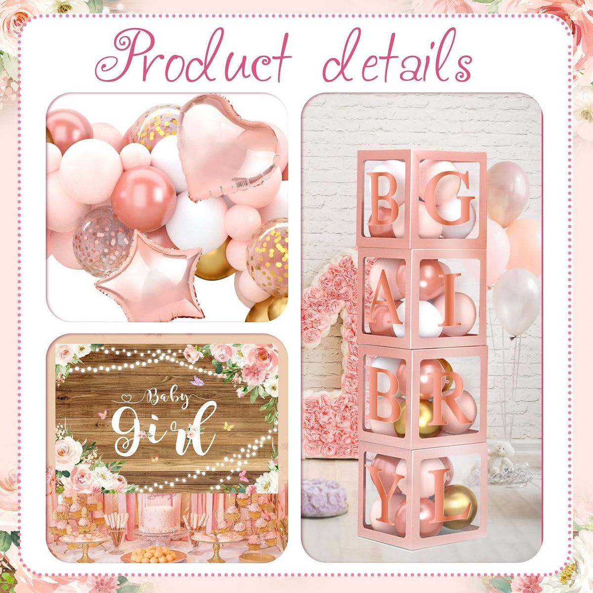 Baby Shower Decorations for Girl - Rose Gold Retro Blush Pink Balloon Arch Garland Kit Baby Boxes Backdrop for Butterfly Baby Shower Decor Girl Birthday Party Supplies