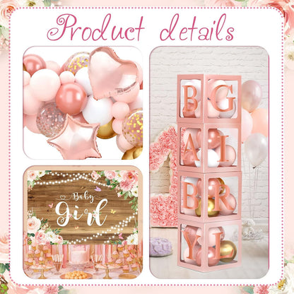 Baby Shower Decorations for Girl - Rose Gold Retro Blush Pink Balloon Arch Garland Kit Baby Boxes Backdrop for Butterfly Baby Shower Decor Girl Birthday Party Supplies