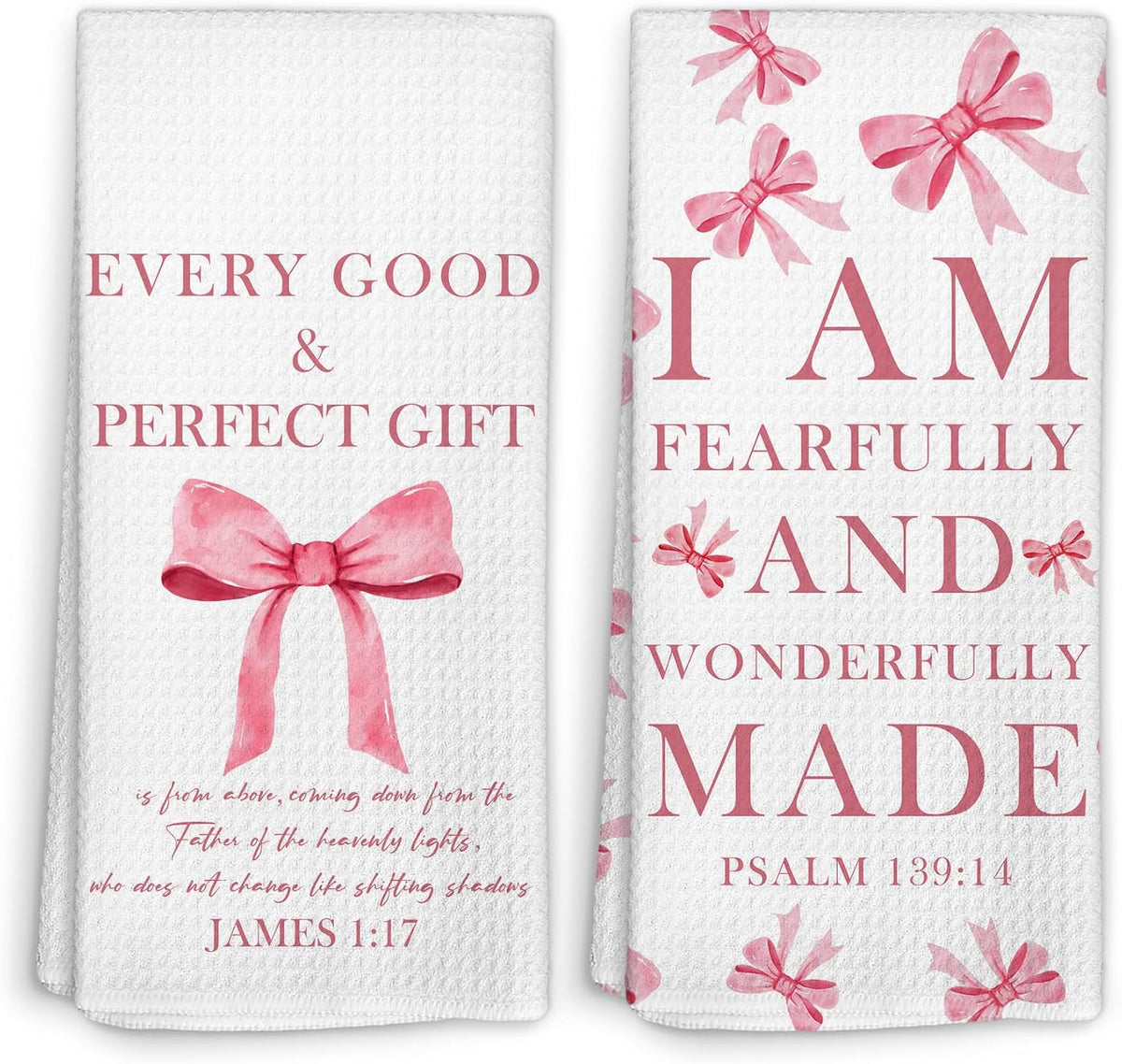 Pink Christian Kitchen Towels Set of 2, Coquette Pink Bow Bible Verse Decorative Hand Towel for Girly Bathroom Decor, Christian Gifts for Women Dish Tea Towels for Kitchen Decor 16x24 Inch