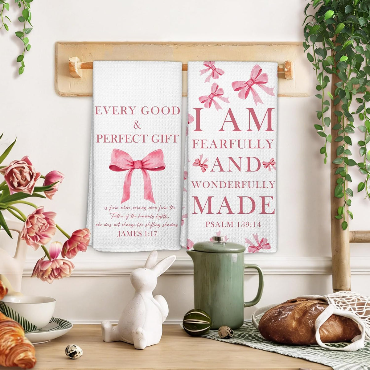Pink Christian Kitchen Towels Set of 2, Coquette Pink Bow Bible Verse Decorative Hand Towel for Girly Bathroom Decor, Christian Gifts for Women Dish Tea Towels for Kitchen Decor 16x24 Inch