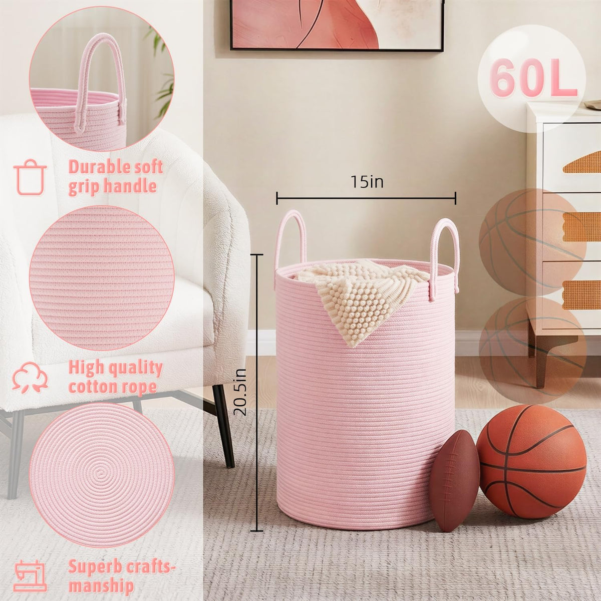 Laundry Basket,Woven Cotton Rope Laundry Hamper,60L for Decorative Storage of Dirty Clothes,Toys and Blankets in Bathroom,Baby Room and Living Room