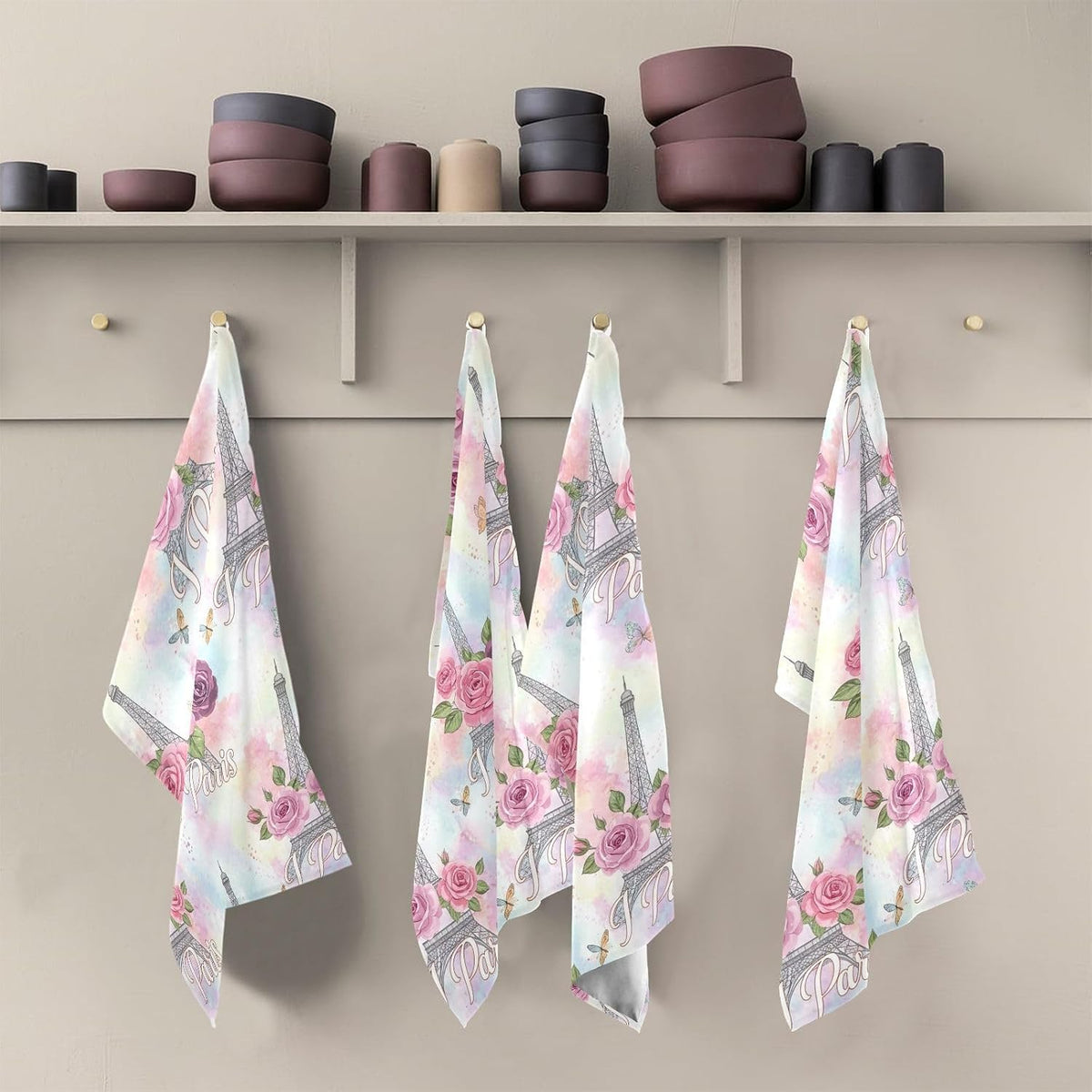 Elegant Love Paris Pink Pastel Kitchen Counter Cloth, 28x18 Inches Absorbent Hand Towels for Kitchen Decorative, Set of 6