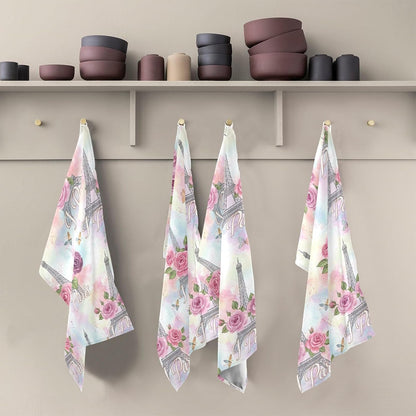 Elegant Love Paris Pink Pastel Kitchen Counter Cloth, 28x18 Inches Absorbent Hand Towels for Kitchen Decorative, Set of 6
