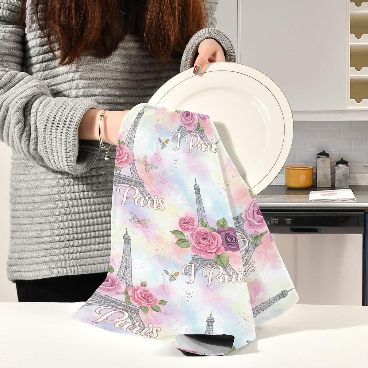 Elegant Love Paris Pink Pastel Kitchen Counter Cloth, 28x18 Inches Absorbent Hand Towels for Kitchen Decorative, Set of 6