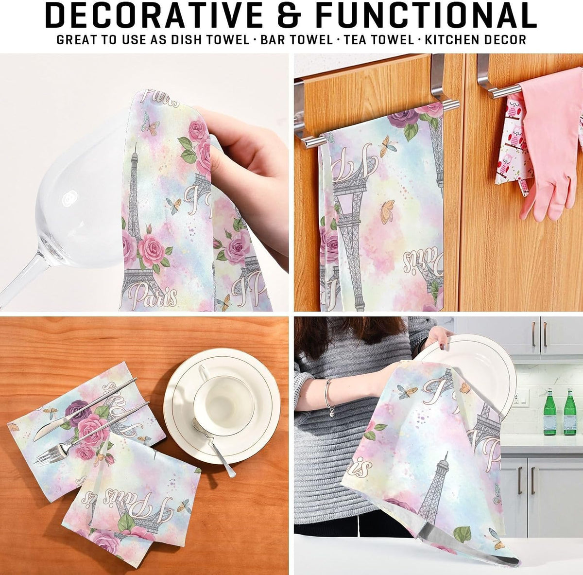 Elegant Love Paris Pink Pastel Kitchen Counter Cloth, 28x18 Inches Absorbent Hand Towels for Kitchen Decorative, Set of 6