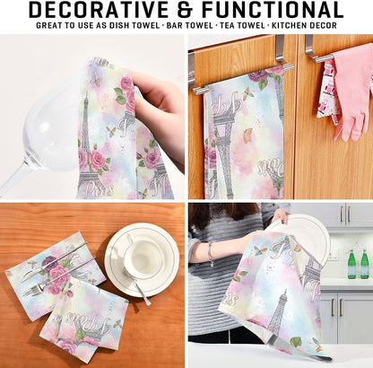 Elegant Love Paris Pink Pastel Kitchen Counter Cloth, 28x18 Inches Absorbent Hand Towels for Kitchen Decorative, Set of 6