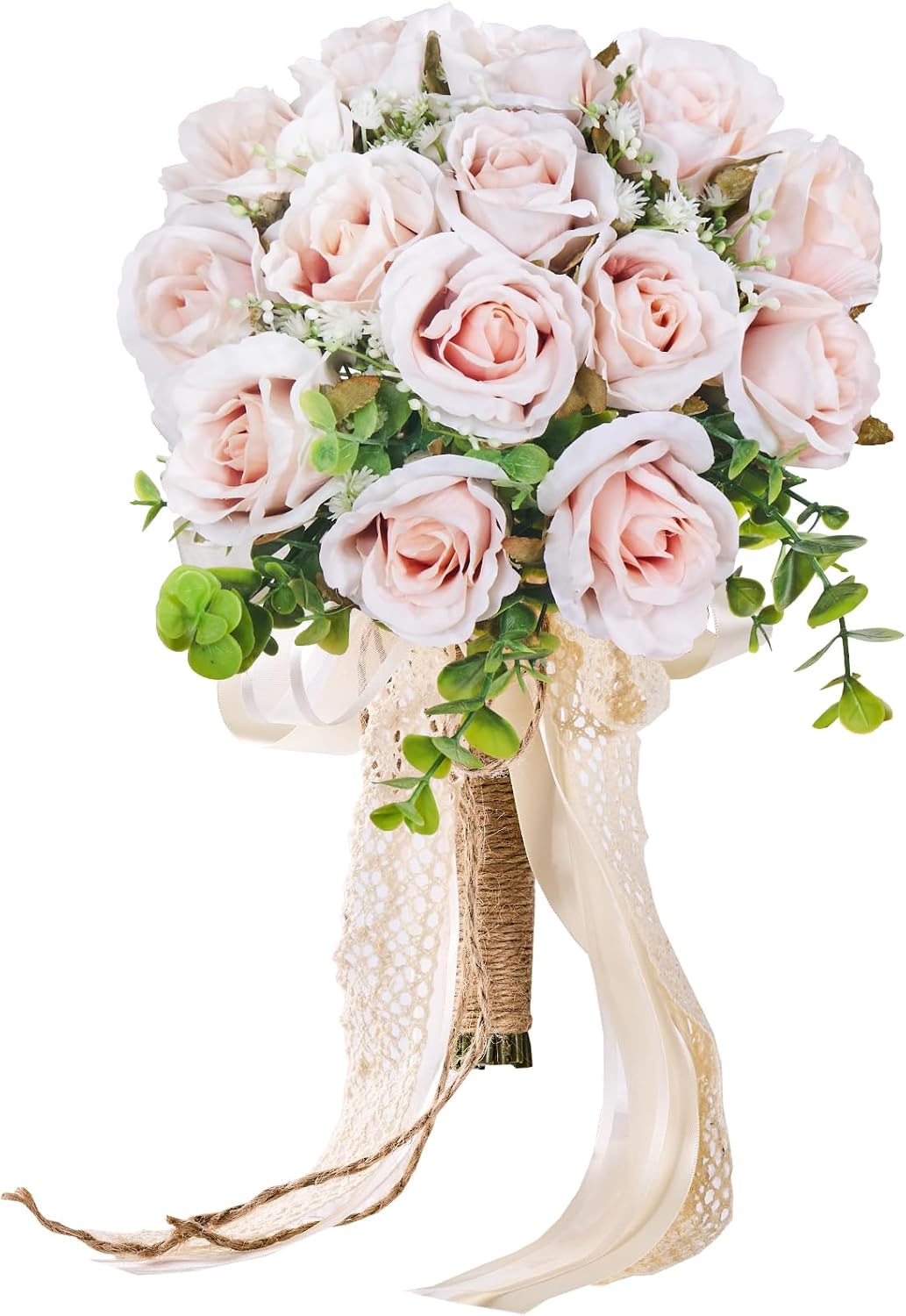 Wedding Bouquets Large for Bride, Bridal Silk Artificial Flowers 14pcs Pink Champagne Roses 10 in Fake Flowers for Wedding Party, Ceremony, Anniversary & Home Decor(Come with 4 kinds of Ribbons)