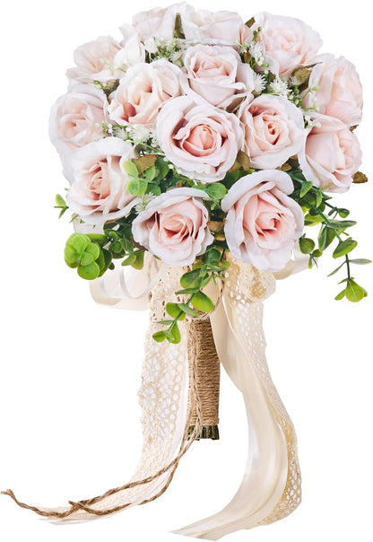 Wedding Bouquets Large for Bride, Bridal Silk Artificial Flowers 14pcs Pink Champagne Roses 10 in Fake Flowers for Wedding Party, Ceremony, Anniversary & Home Decor(Come with 4 kinds of Ribbons)
