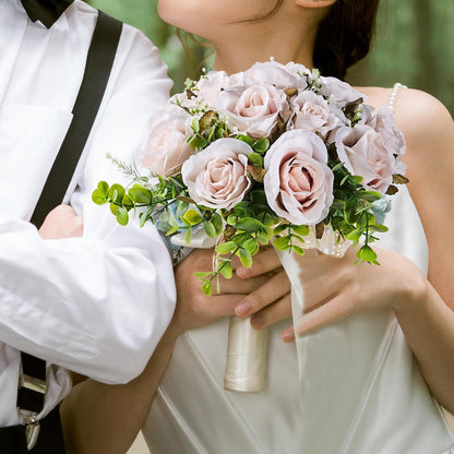 Wedding Bouquets Large for Bride, Bridal Silk Artificial Flowers 14pcs Pink Champagne Roses 10 in Fake Flowers for Wedding Party, Ceremony, Anniversary & Home Decor(Come with 4 kinds of Ribbons)