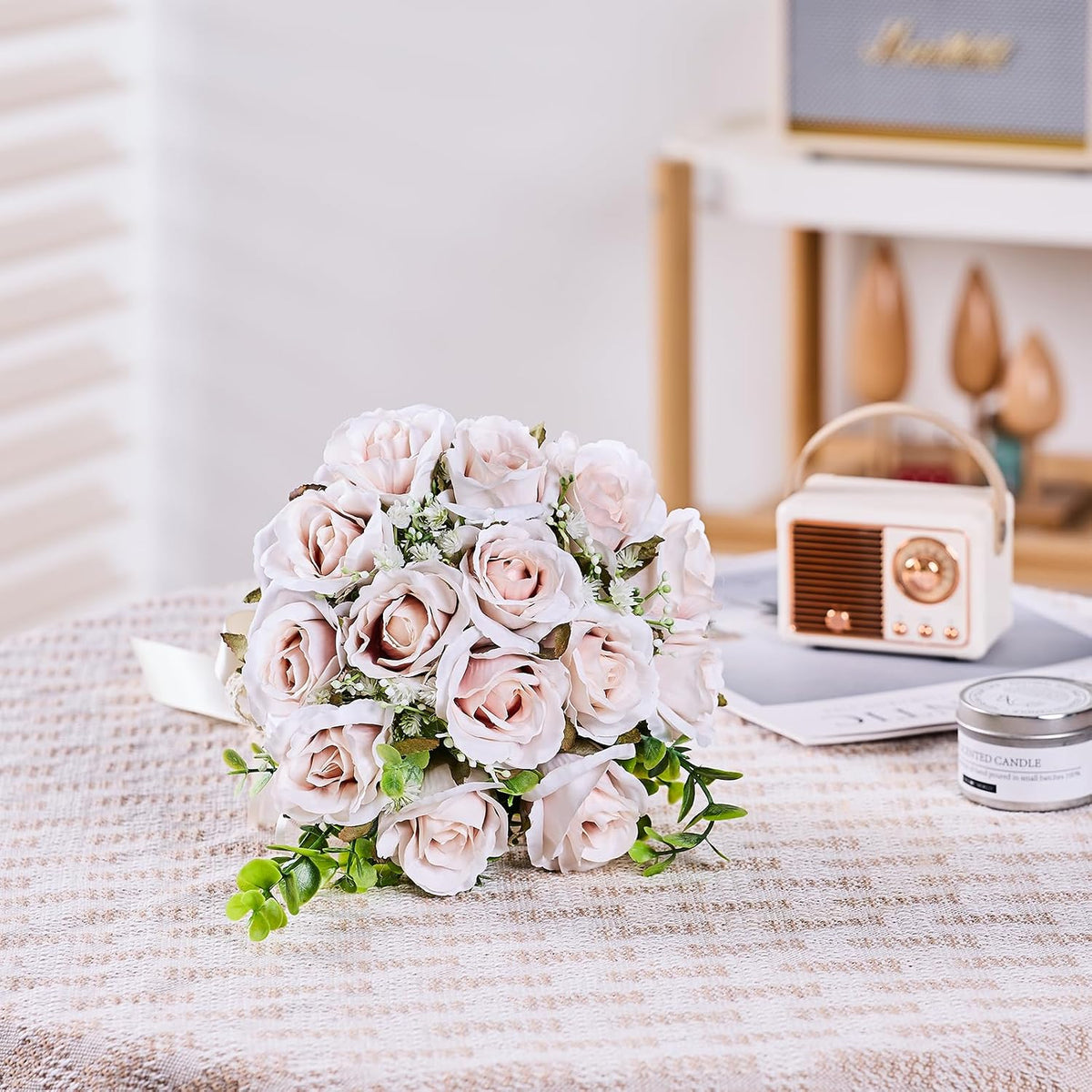 Wedding Bouquets Large for Bride, Bridal Silk Artificial Flowers 14pcs Pink Champagne Roses 10 in Fake Flowers for Wedding Party, Ceremony, Anniversary & Home Decor(Come with 4 kinds of Ribbons)