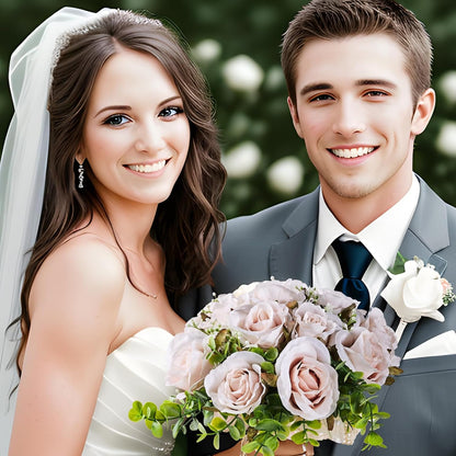 Wedding Bouquets Large for Bride, Bridal Silk Artificial Flowers 14pcs Pink Champagne Roses 10 in Fake Flowers for Wedding Party, Ceremony, Anniversary & Home Decor(Come with 4 kinds of Ribbons)
