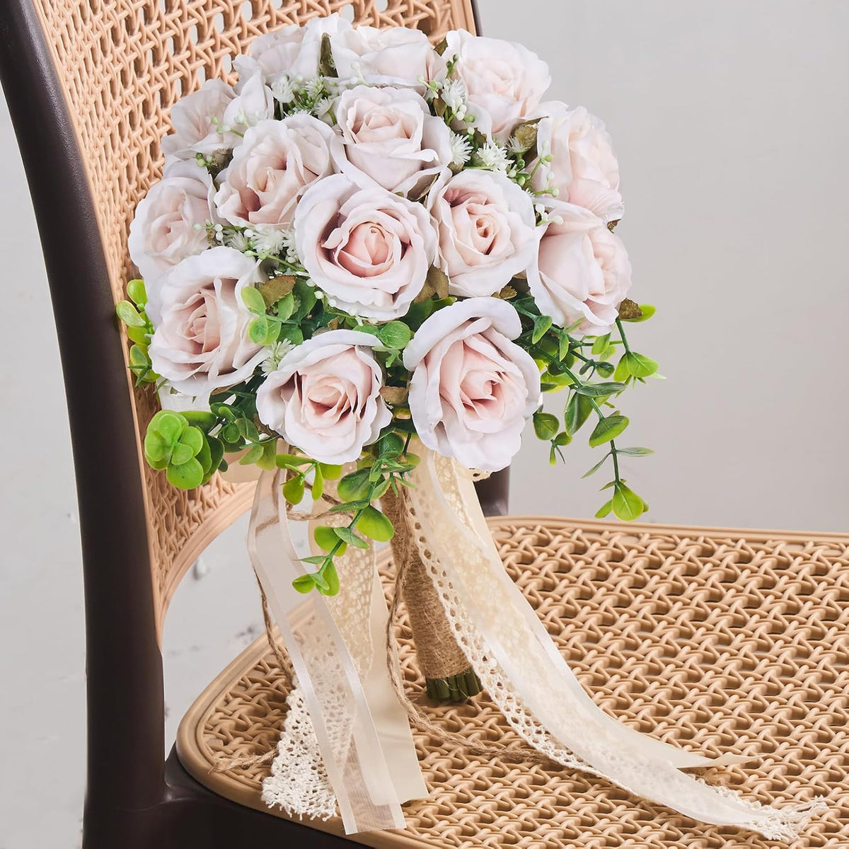 Wedding Bouquets Large for Bride, Bridal Silk Artificial Flowers 14pcs Pink Champagne Roses 10 in Fake Flowers for Wedding Party, Ceremony, Anniversary & Home Decor(Come with 4 kinds of Ribbons)