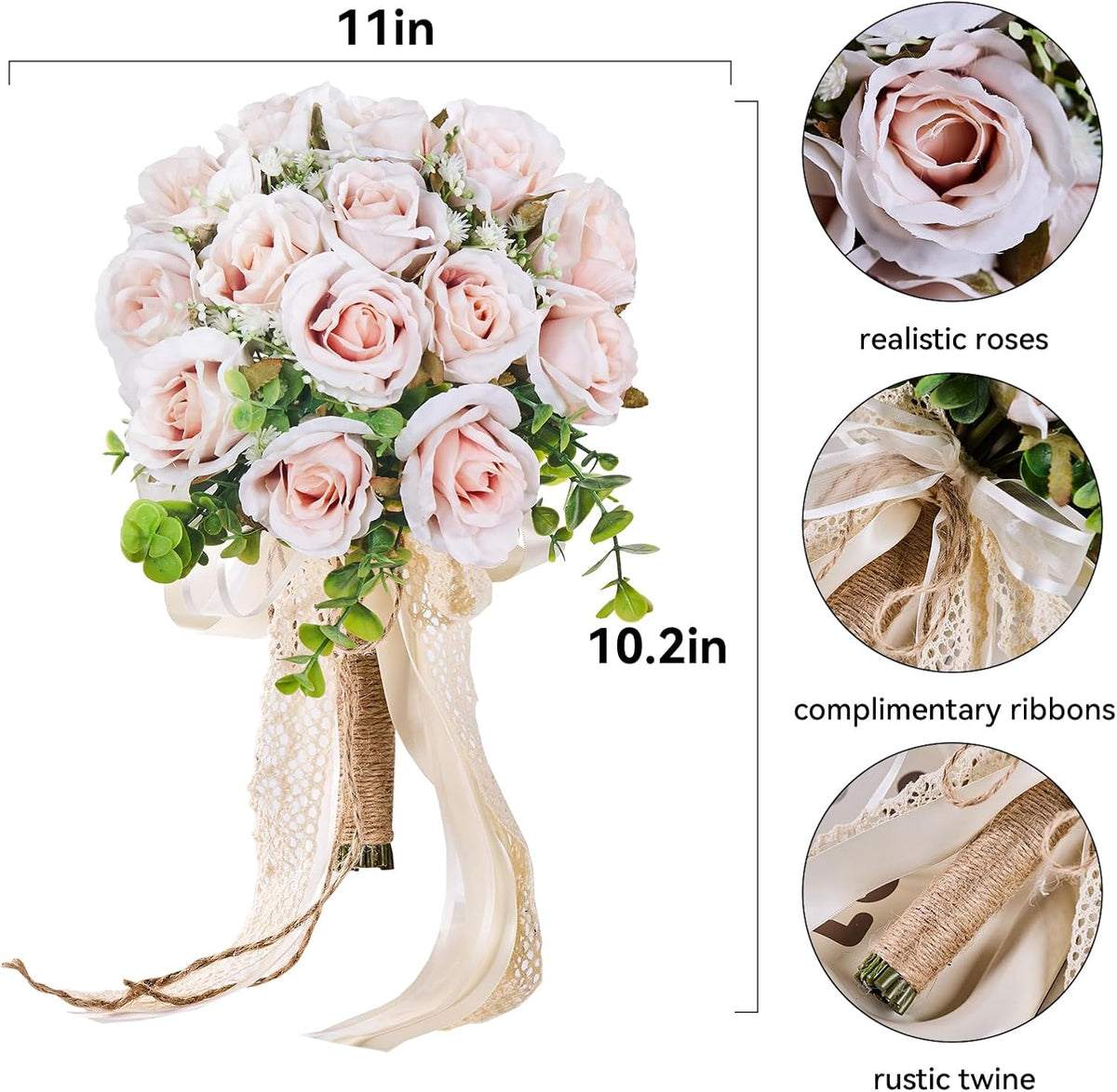 Wedding Bouquets Large for Bride, Bridal Silk Artificial Flowers 14pcs Pink Champagne Roses 10 in Fake Flowers for Wedding Party, Ceremony, Anniversary & Home Decor(Come with 4 kinds of Ribbons)