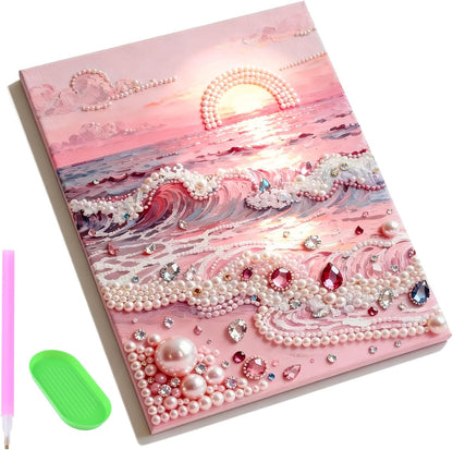 DIY Pink Beach Pearl Painting Kit, 15.75 * 11.81in Plastic Pearl Art Craft Handmade Pink Beach Decor 3D Art Craft for Adults Beginners Home Decor Present