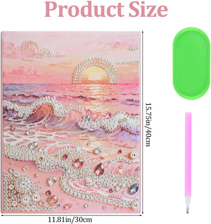 DIY Pink Beach Pearl Painting Kit, 15.75 * 11.81in Plastic Pearl Art Craft Handmade Pink Beach Decor 3D Art Craft for Adults Beginners Home Decor Present