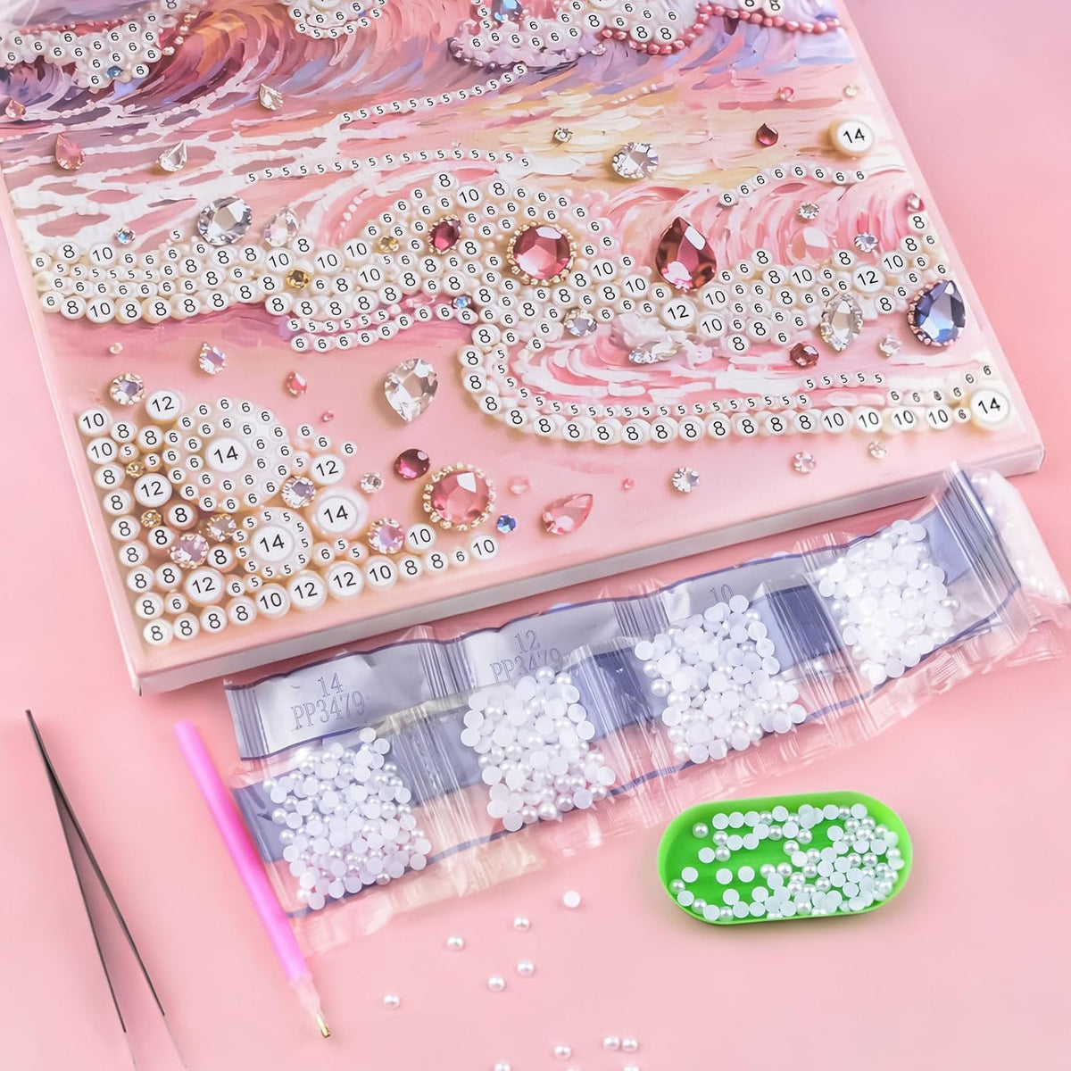 DIY Pink Beach Pearl Painting Kit, 15.75 * 11.81in Plastic Pearl Art Craft Handmade Pink Beach Decor 3D Art Craft for Adults Beginners Home Decor Present