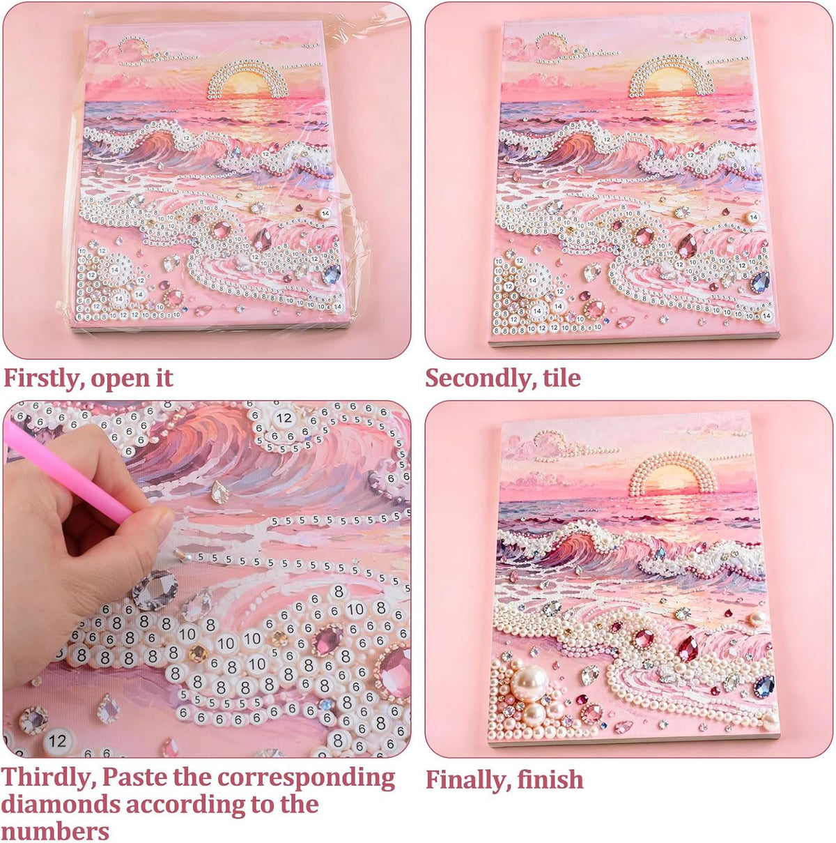 DIY Pink Beach Pearl Painting Kit, 15.75 * 11.81in Plastic Pearl Art Craft Handmade Pink Beach Decor 3D Art Craft for Adults Beginners Home Decor Present