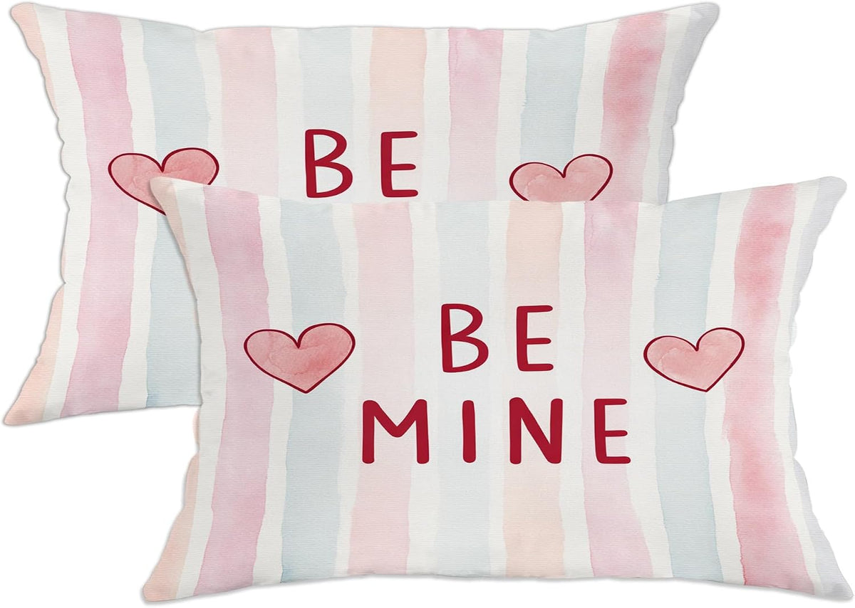 Hearts Throw Pillow Covers Set of 2, Valentine Contemporary Stripes Text Valentine Peach with Hidden Zipper Cushion Covers Pillow for Living Room Bedroom Loft Office Car Decor 20x12 Inch