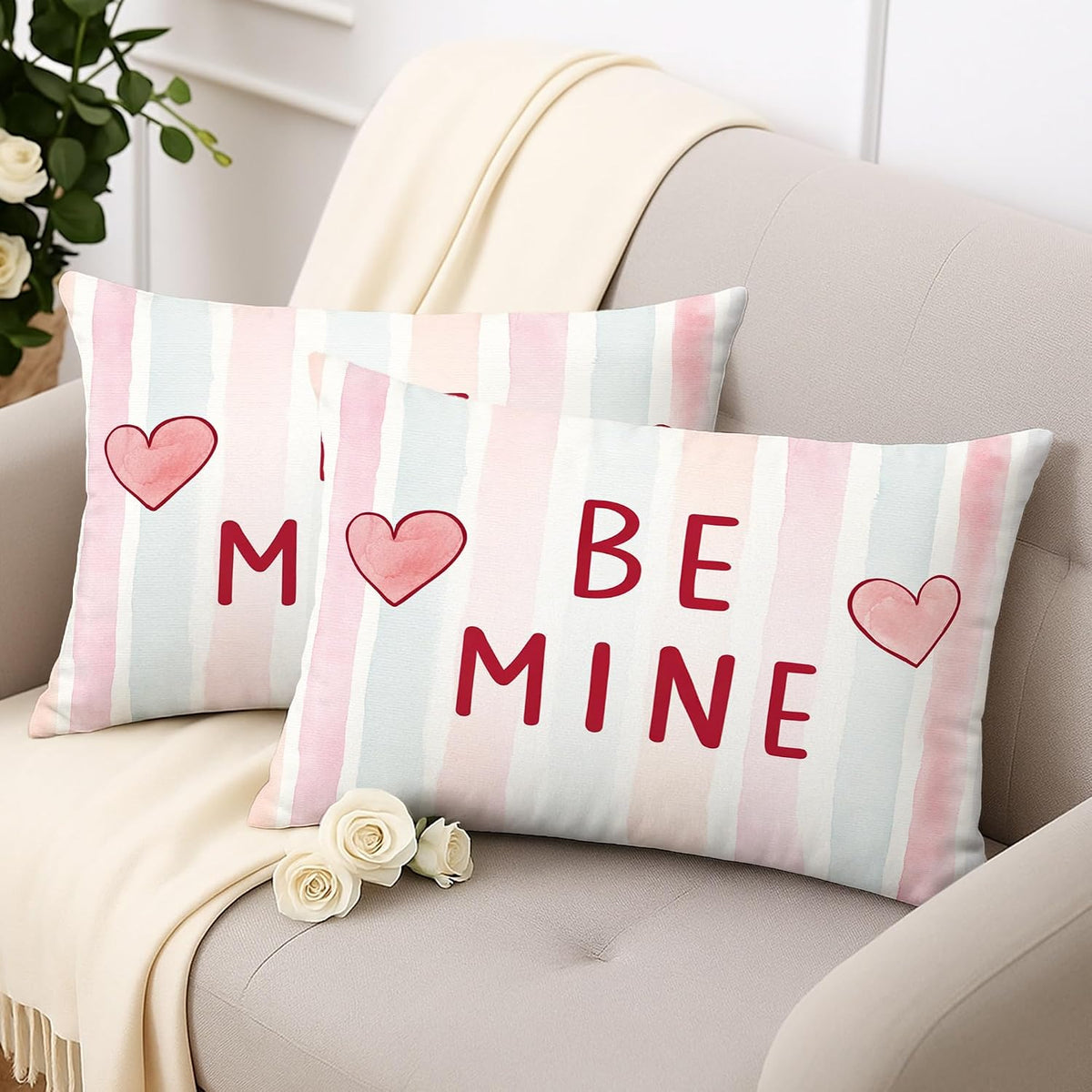 Hearts Throw Pillow Covers Set of 2, Valentine Contemporary Stripes Text Valentine Peach with Hidden Zipper Cushion Covers Pillow for Living Room Bedroom Loft Office Car Decor 20x12 Inch
