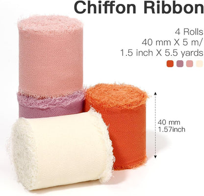 Light Pink and White Chiffon Ribbon Set - 4 Rolls, 1.5 Inch X 22 Yards - Orange, Dusty Pink, Baby Pink, Peach - Christmas Bow Maker for Wedding Decorations