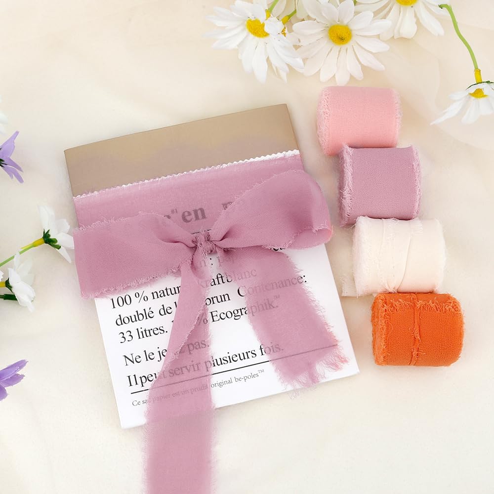 Light Pink and White Chiffon Ribbon Set - 4 Rolls, 1.5 Inch X 22 Yards - Orange, Dusty Pink, Baby Pink, Peach - Christmas Bow Maker for Wedding Decorations