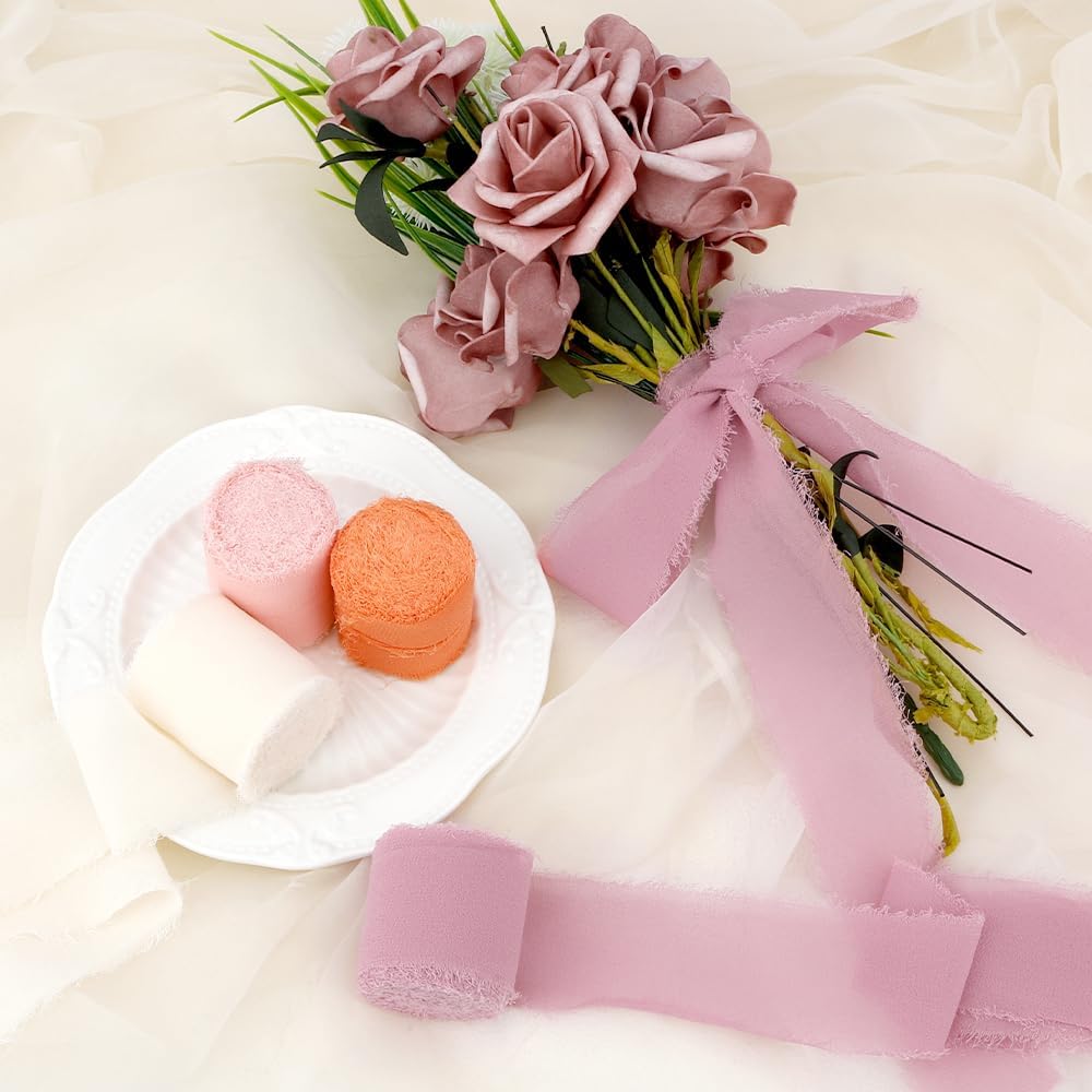 Light Pink and White Chiffon Ribbon Set - 4 Rolls, 1.5 Inch X 22 Yards - Orange, Dusty Pink, Baby Pink, Peach - Christmas Bow Maker for Wedding Decorations