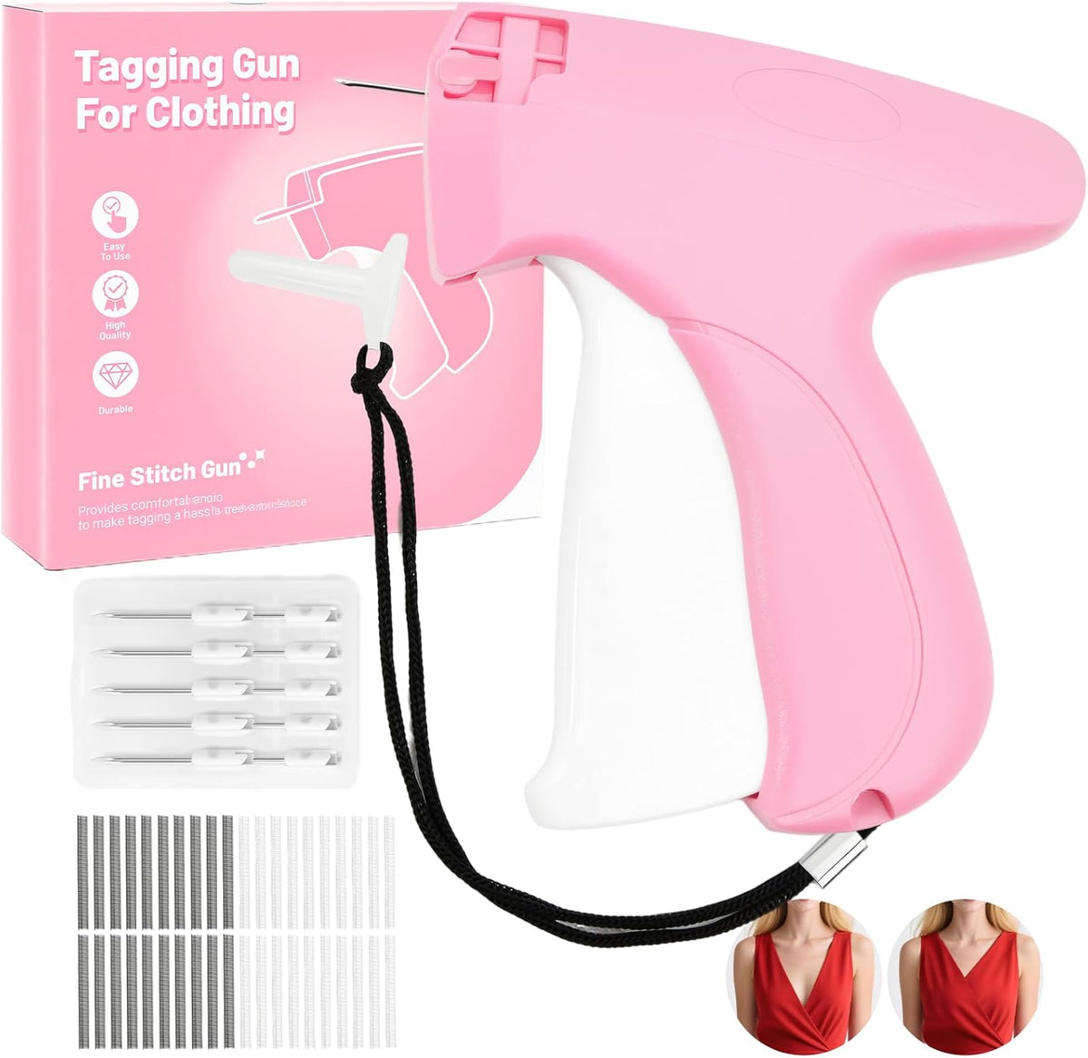 Tagging Gun Fou Clothing - Pink and White Stapler for Clothing Mini Sewing Kit Quick Clothing Fixer Sewing Tool Kits, 2000 Black & 2000 White 5mm Mini Fasteners with 6 Needles