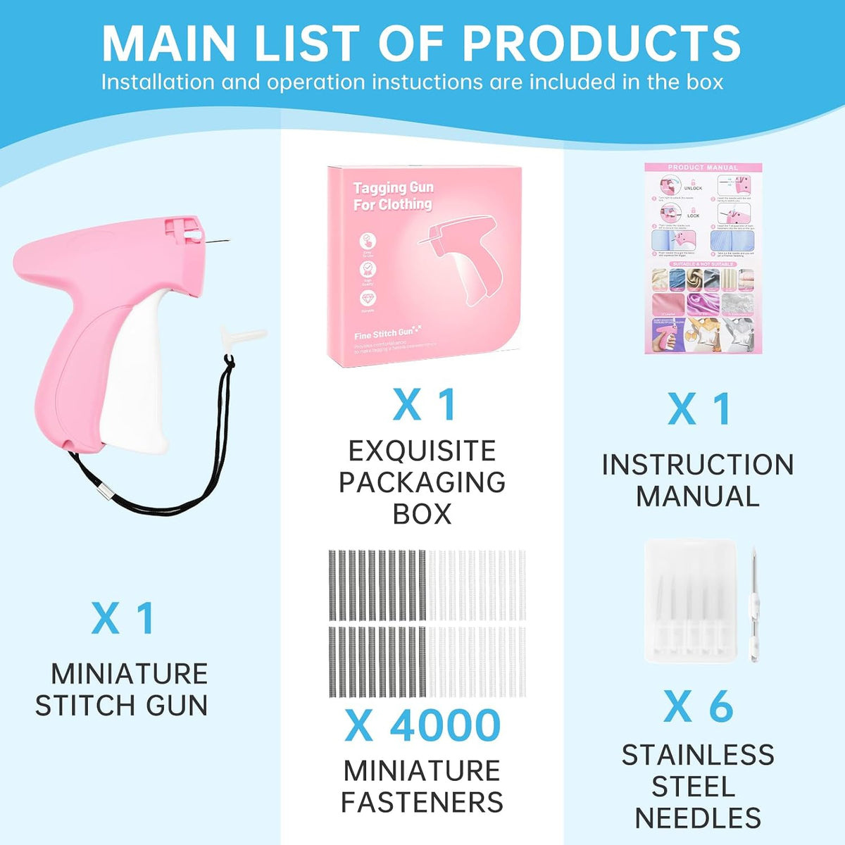 Tagging Gun Fou Clothing - Pink and White Stapler for Clothing Mini Sewing Kit Quick Clothing Fixer Sewing Tool Kits, 2000 Black & 2000 White 5mm Mini Fasteners with 6 Needles