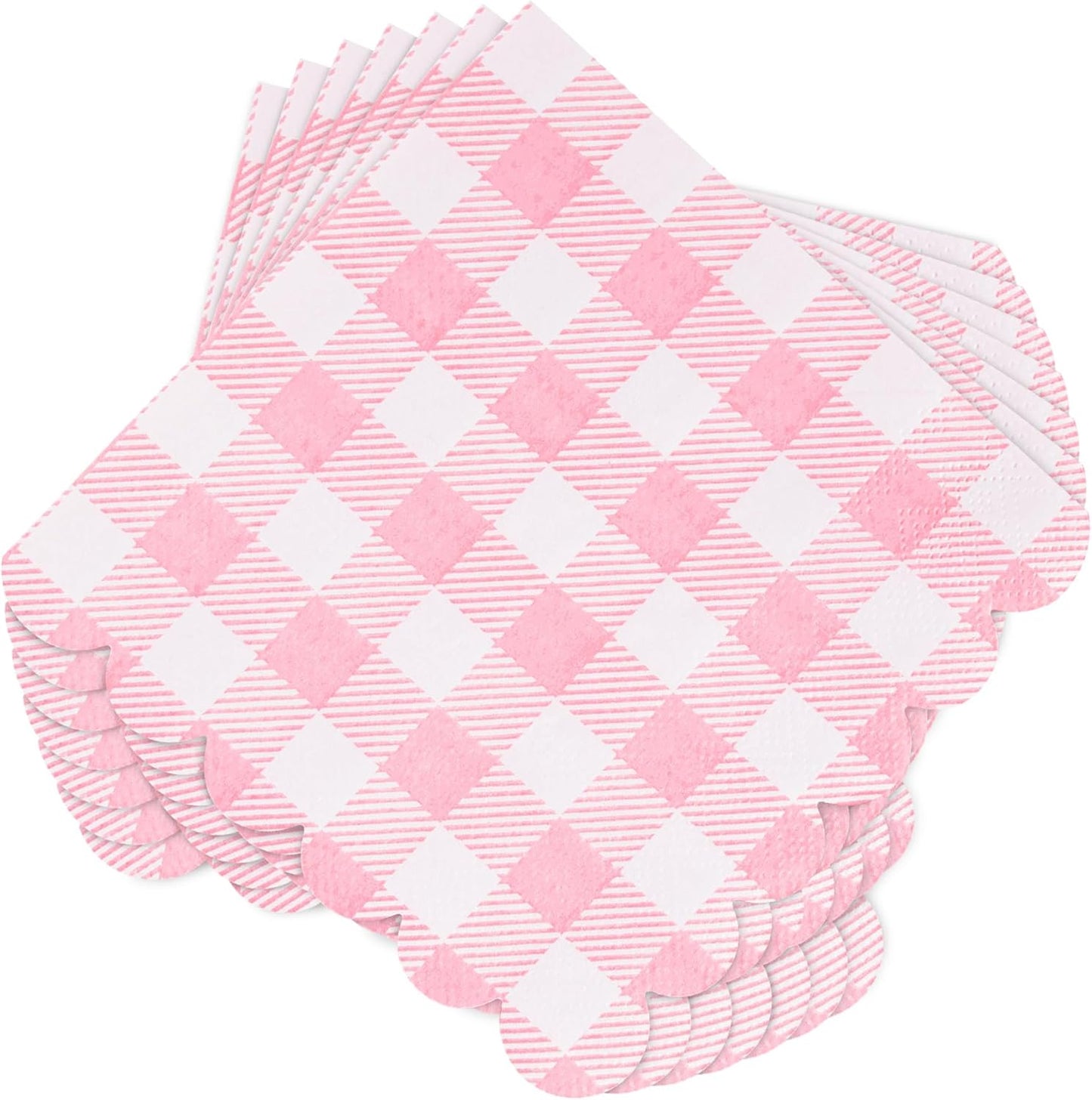 100 Pcs Pink Napkins Scalloped Plaid Cocktail Napkins Folded 5 x 5 Inches Disposable Napkins for Wedding Birthday Party