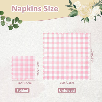 100 Pcs Pink Napkins Scalloped Plaid Cocktail Napkins Folded 5 x 5 Inches Disposable Napkins for Wedding Birthday Party